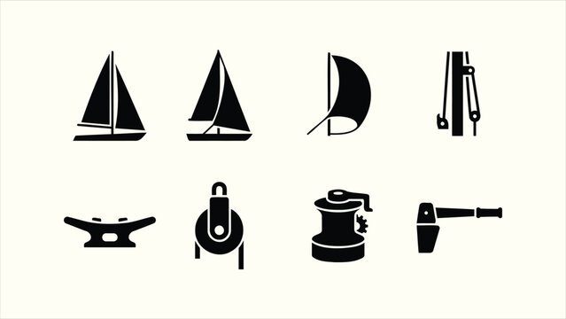 Nautical and sailing equipment solid vector black icon pack collection