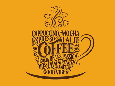 Artistic coffee cup design featuring a word cloud of coffee related terms and steaming hearts