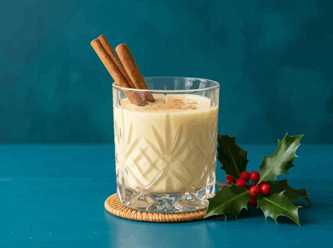 Creamy eggnog with cinnamon sticks in a decorative glass, garnished with holly, perfect for holiday celebrations.