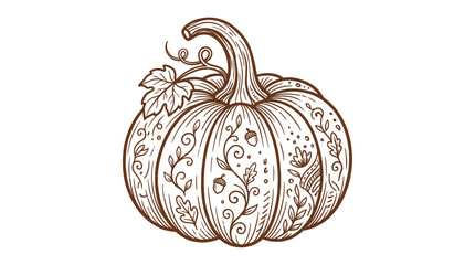 Decorative pumpkin line art with floral and acorn patterns © fufu