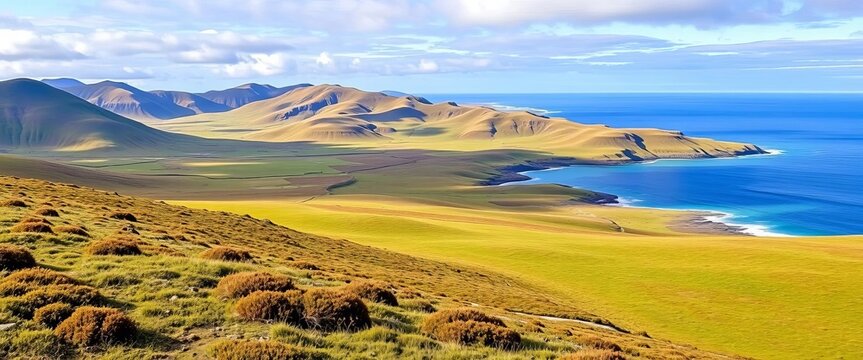 Falklands/Malvinas Islands landscape, distant view of rolling hills and ocean,  conflict,  wind