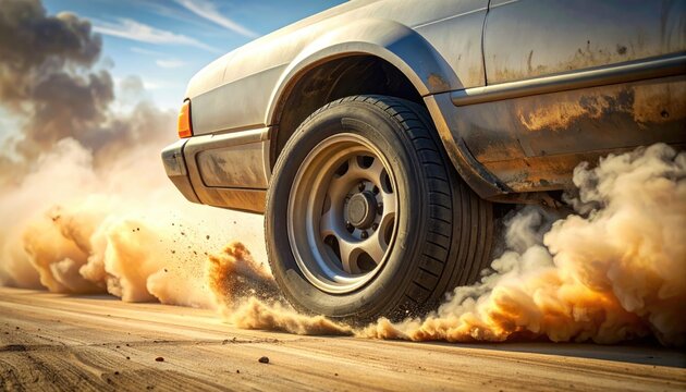 Close-up of a car tire kicking up dust on a dirt road.