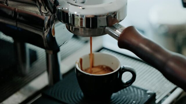 4K Pouring coffee stream from professional machine in cup. Barista man making double espresso, using filter holder. Flowing fresh ground coffee. Drinking roasted black coffee in the morning.