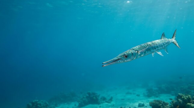 Needlefish swimming through clear blue tropical ocean water