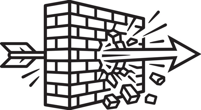 Arrow Breaking and Piercing Through Brick Wall Vector Line Art Illustration