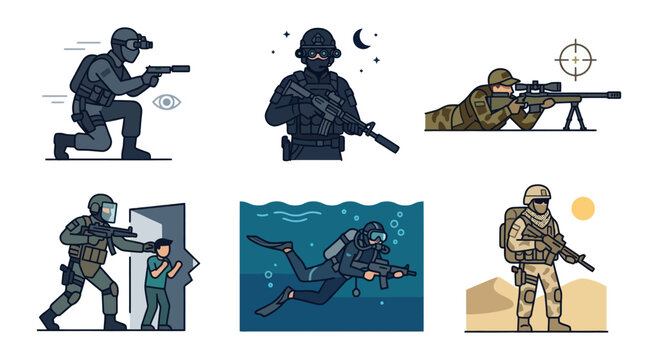 Tactical military special forces character vector set.