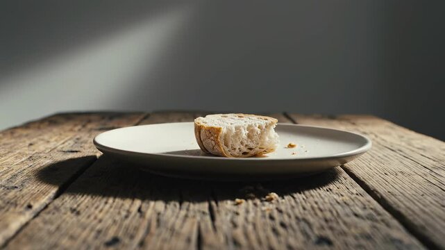 Hand placing plate with piece of bread on rustic wooden table. Simple meal serving. Poverty or diet concept