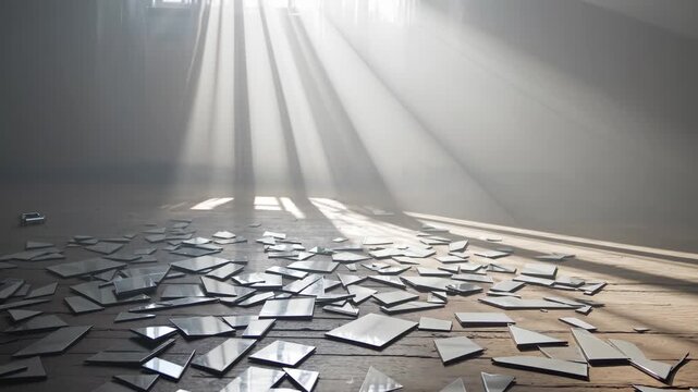 Broken mirror shards scattered on wooden floor with sun rays. Dramatic light beams illuminating glass pieces and dust. Mystery and destruction concept