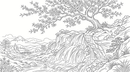 Waterfall landscape coloring page with old tree and mountains. © diki