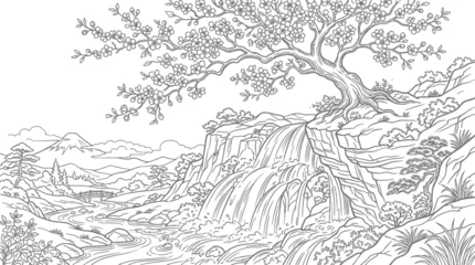 Fototapeten Weiß Waterfall landscape coloring page with old tree and mountains.  © diki