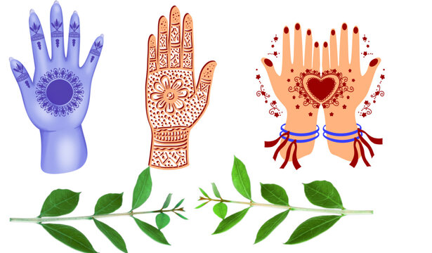 Boho Hamsa Hand Set with Floral and Spiritual Decorative Elements Vector Illustration