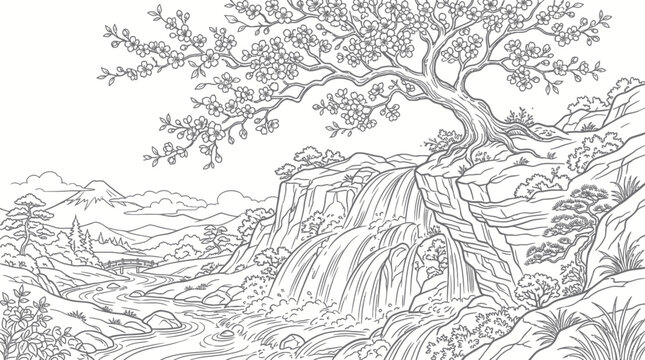 Waterfall landscape coloring page with old tree and mountains.