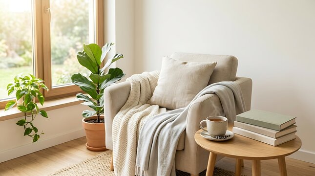 A cozy armchair with a throw blanket and pillow sits beside a potted plant on a wooden floor near a sunny window in a peaceful living room.