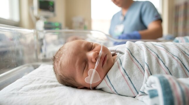 Newborn Baby With Nasal Cannula Receiving Oxygen Support in Hospital