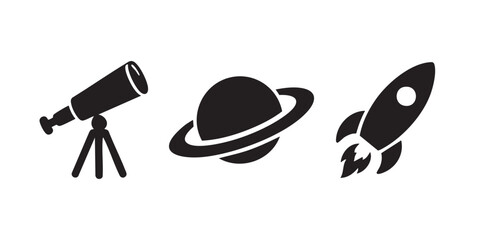 Black Silhouette Vector Set of Telescope, Saturn and Rocket Space Icons © Wimas