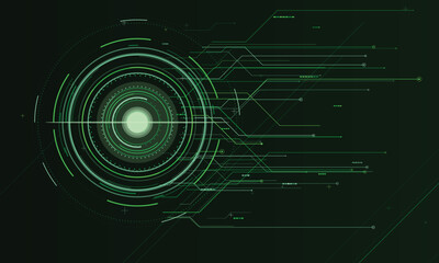 Futuristic green digital hud interface with concentric circles and data streams technology © MAMUNURRASHID
