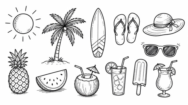 Set of hand drawn summer beach vacation icons for tropical holiday design theme