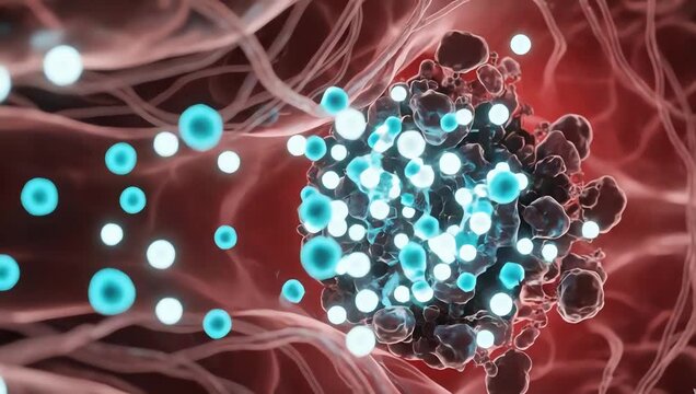 Inflammation response protecting damaged tissue, glowing immune particles moving rhythmically through transparent organic structures
