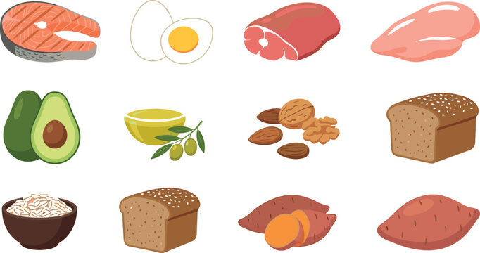 Healthy Nutrition Food Icon Set Featuring Grilled Salmon Boiled Egg Raw Meat Chicken Breast Avocado Olive Oil Nuts Whole Wheat Bread Oatmeal And Sweet Potato