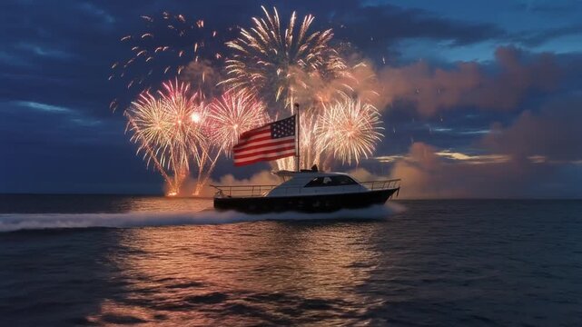 Yacht cruising ocean with usa flag firework display at twilight