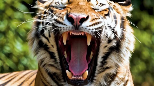 Close-up portrait of tiger yawning and showing teeth. Wild big cat face detail. Wildlife predator concept