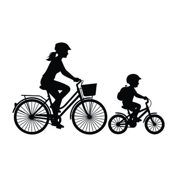 Silhouette of mother and child riding bicycles together for Mother's Day