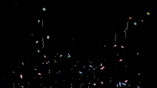 Confetti streamers and colorful paper fragments descend against a deep black void, providing a high-contrast visual element for dramatic celebration announcements or intense party-themed digital.