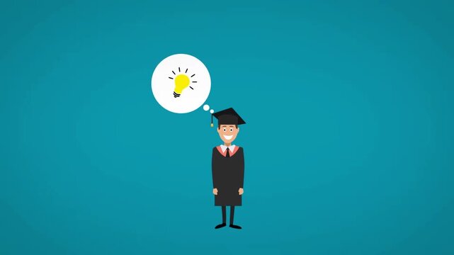 Student in Graduation Gown with Light Bulb Idea Bubble, Education Success and Innovation Concept, 2D Animation Loop