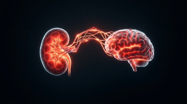 Glowing human kidney connected to brain by red neural and vascular pathways on dark background, representing neuroscience, nephrology, medical research and internal organ communication
