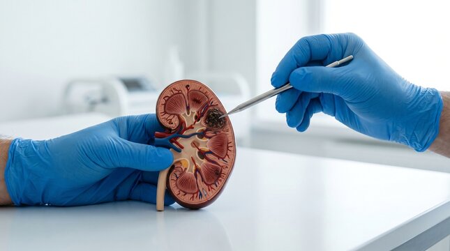Gloved medical hands examining kidney anatomy model with tweezers and visible tumor lesion in clinical laboratory, urology concept and medical education