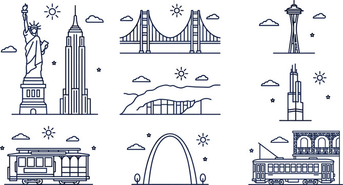 United States landmarks line art vector icon set featuring Statue of Liberty Golden Gate Bridge Space Needle Gateway Arch and streetcars