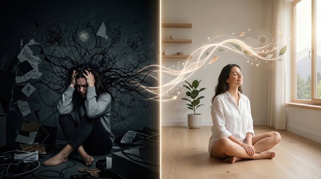 Mental health concept split screen contrast between sad anxious woman and calm meditating girl.