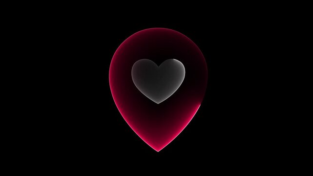 Glowing red map pin location marker with glass heart animation on black background, dating app, romantic travel, favorite destination, or love connection