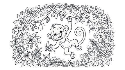Playful monkey swinging on a vine in a tropical jungle setting © ghina