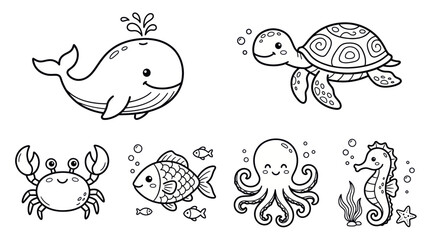 Cute sea animals coloring page set with whale turtle and octopus © ghina