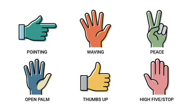 Colorful hand gesture icons for communication and social signals