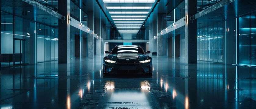 Futuristic Luxury Sport Car in Sleek Neon Lit Cyberpunk Showroom Garage