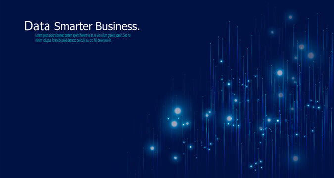 Horizontal business technology banner with blue glowing vertical data lines, headline text and a button on a dark blue background.