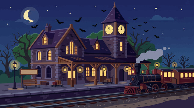 Haunted stone train station with steam locomotive under moonlit sky