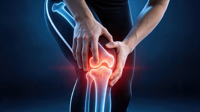 Knee joint pain, inflammation and injury medical concept, glowing red bones inside leg with hands holding in discomfort