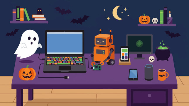 Robot and ghost at a workstation with spooky halloween decor