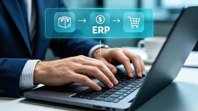 Hands typing on laptop with ERP software workflow overlay showing logistics finance and sales integration