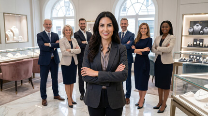 Obraz premium Diverse jewelry showroom team standing in luxury retail environment, led by female jewelry consultant, with gem specialists, designers, and sales professionals in elegant showroom.
