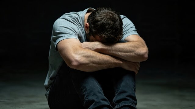 Depressed man sitting in darkness feeling sad and lonely, mental health crisis concept showing emotional pain, depression symptoms