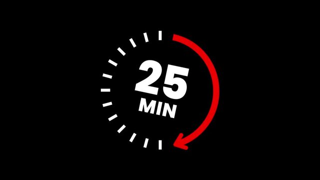 Countdown timer icons for 25 minutes in circular arrow animation. Circle arrow refresh icon with 25 min timer icon animation. Timer 25 minutes countdown clock with circular arrow. 4K video.