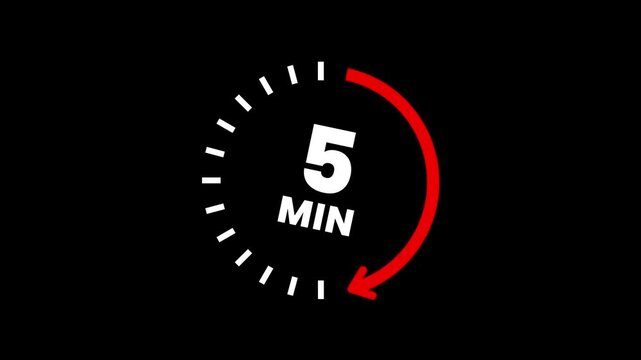 Countdown timer icons for 5 minute in circular arrow animation. Circle arrow refresh icon with 5 min timer icon animation. Timer 5 minute countdown clock with circular arrow. 4K video.