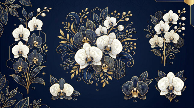 Luxury white and blue orchid floral arrangements with gold line art on dark navy background, elegant botanical illustration, AI generated.