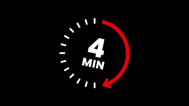 Countdown timer icons for 4 minutes in circular arrow animation. Circle arrow refresh icon with 4 min timer icon animation. Timer 4 minutes countdown clock with circular arrow. 4K video.