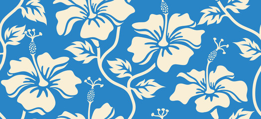 Hand drawn tropical hibiscus flower seamless pattern. © andin