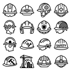 Fototapeta premium Safety helmet and construction icon set featuring industrial protection, worker gear, and essential site equipment symbols for engineering projects.